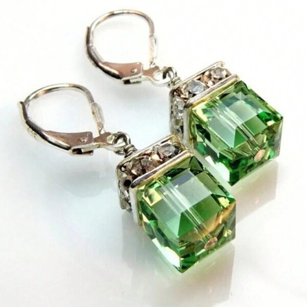 Sterling Silver 925 Green Crystal-Cut Drop Earrings with Sparking Accents